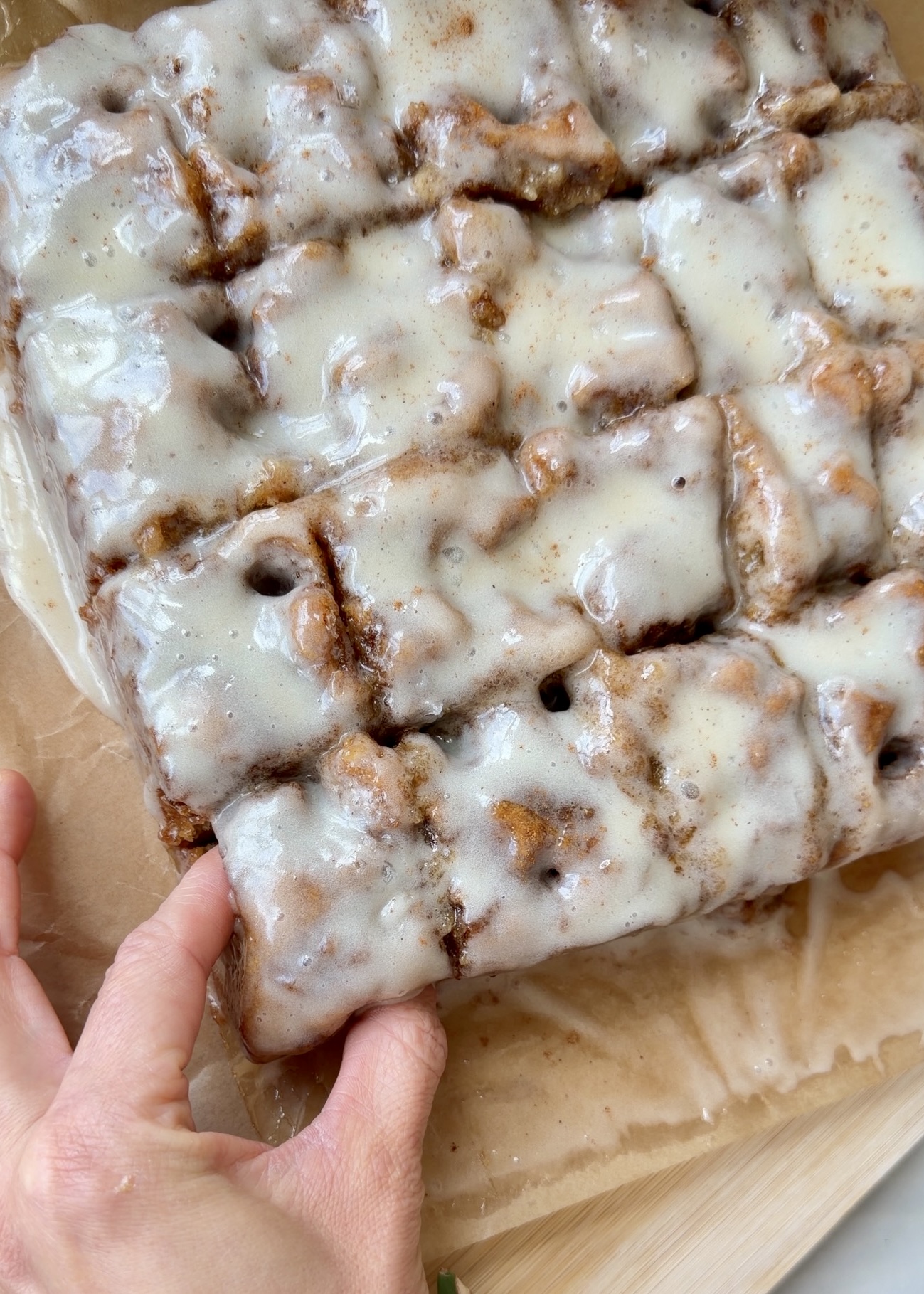 Warm Banana Cornmeal Cinnamon Roll Poke Cake process photo 13