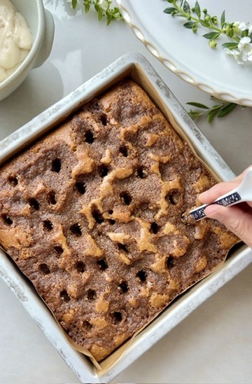 Warm Banana Cornmeal Cinnamon Roll Poke Cake process photo 10