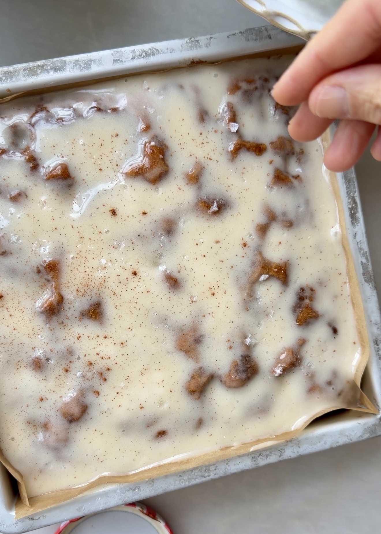 Warm Banana Cornmeal Cinnamon Roll Poke Cake process photo 12