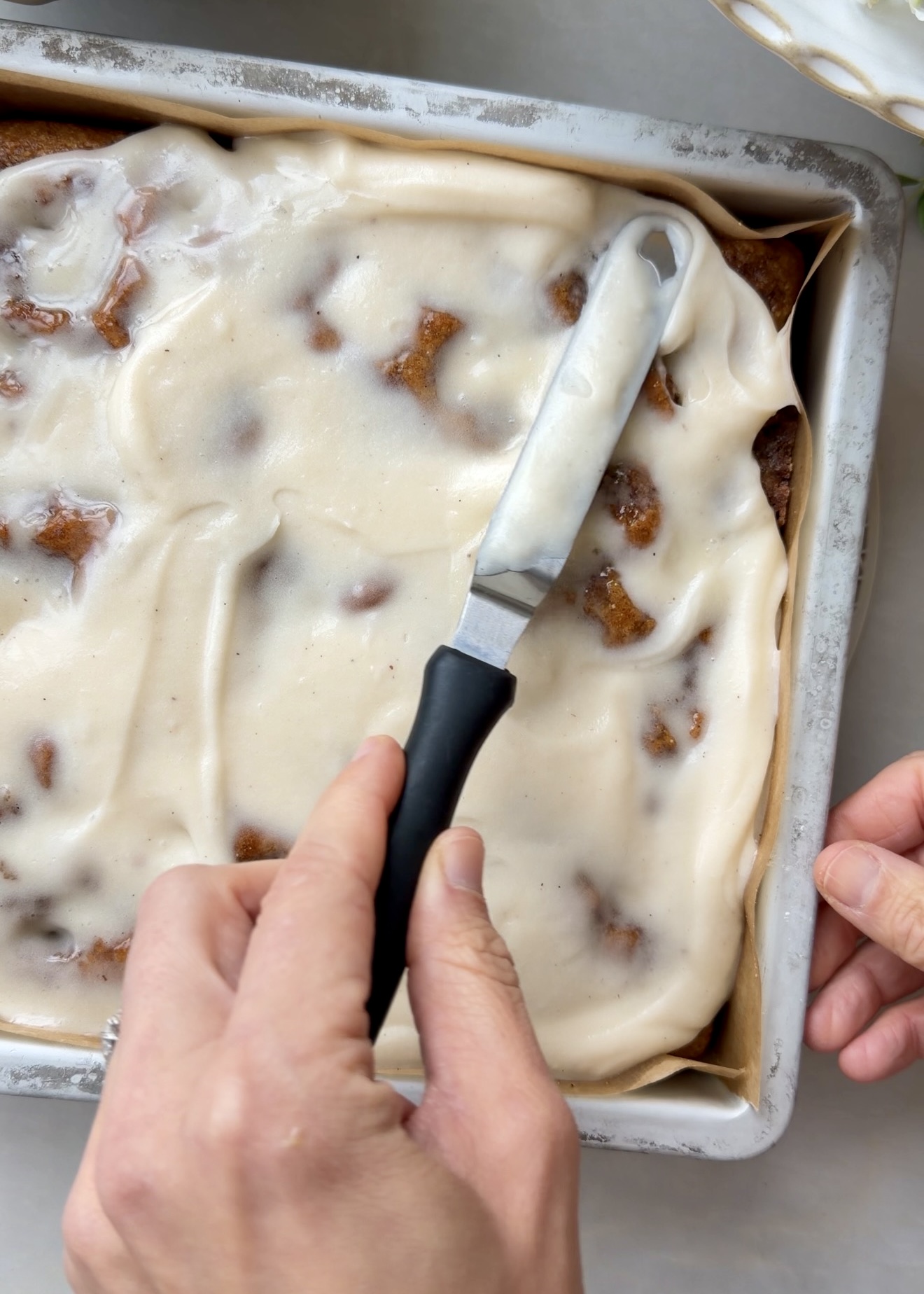Warm Banana Cornmeal Cinnamon Roll Poke Cake process photo 11
